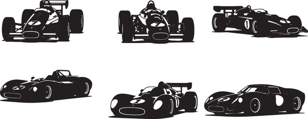Black Solid Classic Race Car Silhouettes Set of Six on White Background © Sahileditz