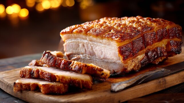 Crispy Roasted Pork Belly with Golden Crackling in a Rustic Setting