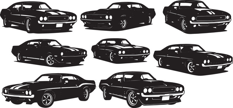 Black Solid Classic Muscle Car Silhouettes Set of Six on White Background