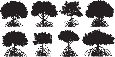 Black Solid Coastal Mangrove Tree Silhouettes Set of Six on White Background © Sahileditz