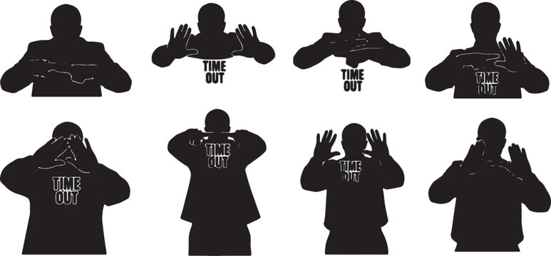Black Solid Coach Time Out Signal Silhouettes Set of Six on White Background
