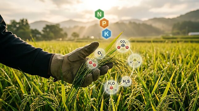 Farmer inspecting rice crop in a lush green field with digital overlay of plant nutrients and chemical symbols, representing agriculture and crop health analysis