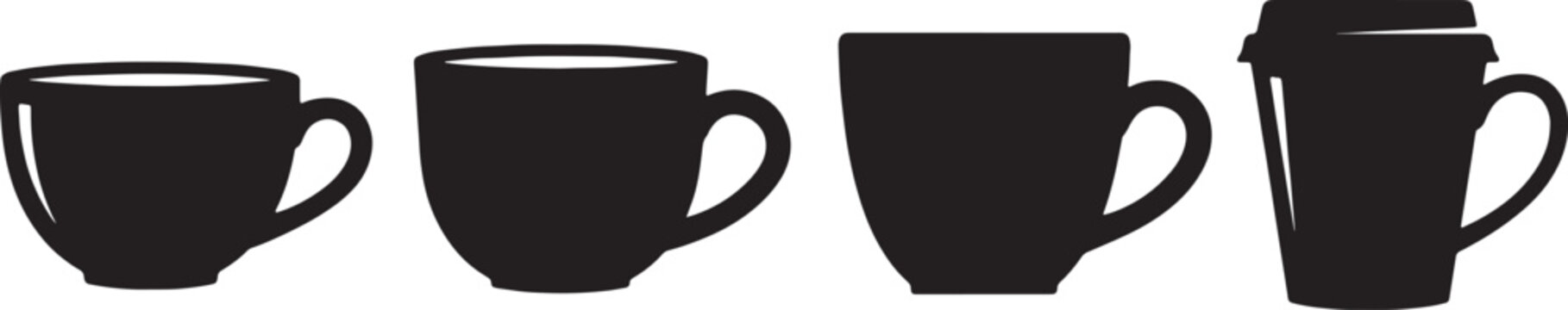 Black Solid Coffee Cup in a Line Silhouettes Set of Six on White Background