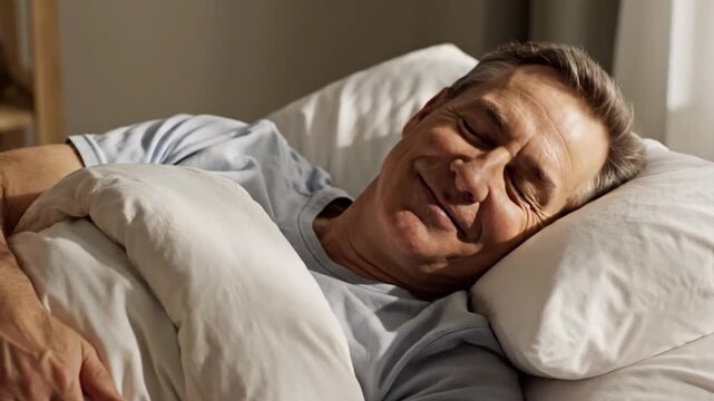 Man sleeping peacefully on white pillow.