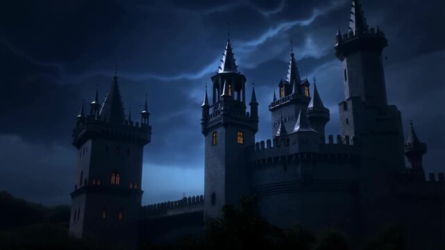 Castle medieval with towers and lightning in the background at night featuring dark, stormy, gothic with architecture and fantasy elements for