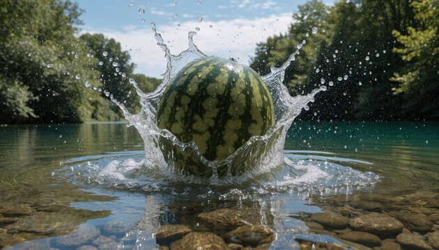 
Watermelon in a glass bowl with water drops