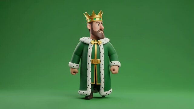 Majestic 3D cartoon king character in a regal green and gold robe with a crown, standing with a serious expression.