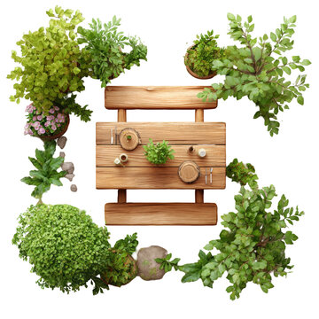 Outdoor picnic garden wooden table top view plant bench patio, cozy tableware setup among lush foliage, potted flower, shrub, rock border