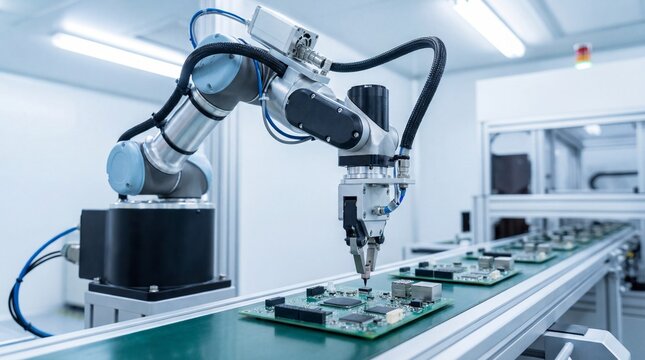 Robotic Arm Assembling Circuit Boards on Electronics Production Line