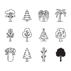 Fototapeta premium Various Tree Icons Collection Outline and Silhouette Styles Nature Elements Isolated on White