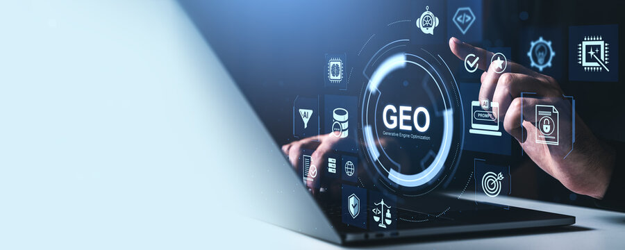 Digital interface with GEO generative engine optimization icons and a hand interacting on a laptop screen for modern technology concept.