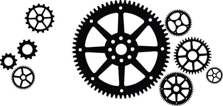 Set of black gear and cog silhouettes in different sizes for mechanical engineering technology and industry vector illustration on white