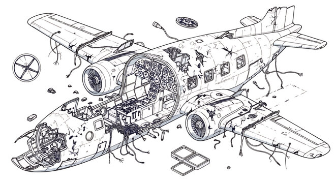 wrecked airplane and crashed aircraft technical illustration of a damaged plane exposing internal parts and detailed cockpit ideal for aviation accident analysis.