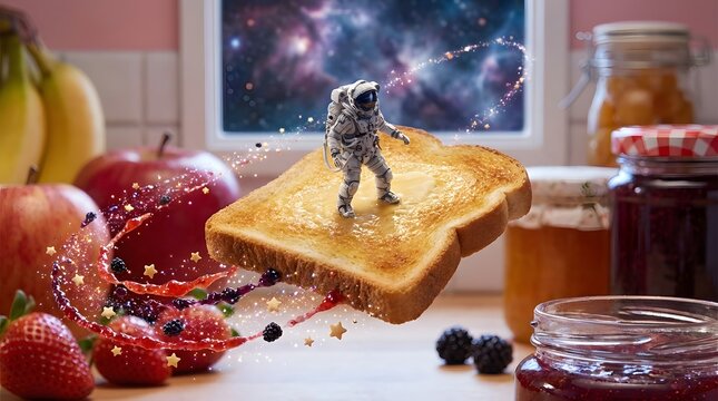 Astronaut Riding Flying Toast in a Colorful Kitchen Scene