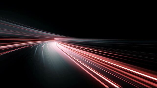 Abstract red light trails rushing in motion on dark background, technology concept