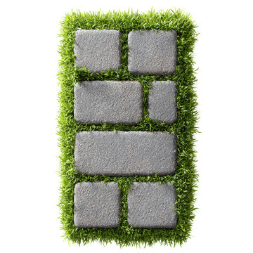 Paving stone grass path rectangular garden walkway top view isolated, neat lawn lining concrete paver pattern for landscape design texture