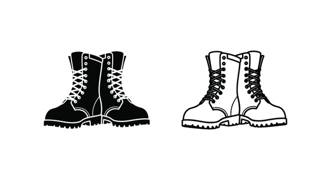 Black and white combat boots, vector illustration, footwear icons, sneaker clipart