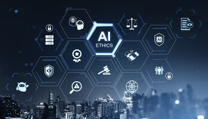 Naklejka premium AI ethics technology interface with futuristic digital icons over modern cityscape showing rules and responsibility in advanced systems.