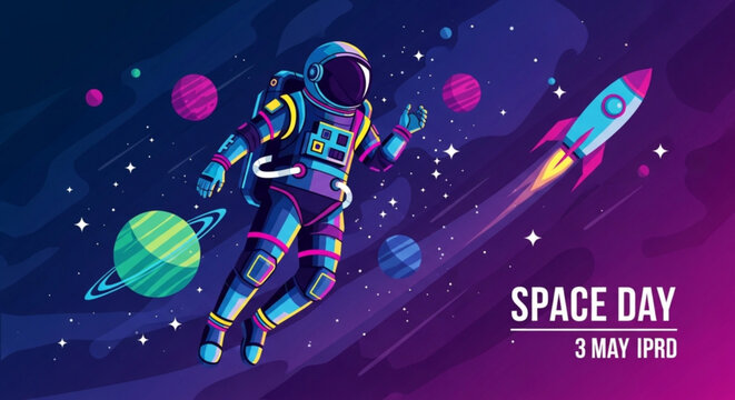 Astronaut in space suit floating near rocket and planets on space day
