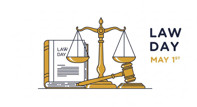 Law day may 1st illustration with scales gavel and legal document on white background