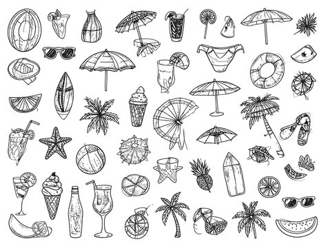 A collection of hand-drawn beach and summer-themed illustrations in black and white, featuring items like umbrellas, cocktails, and fruit