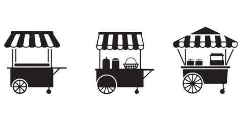 street food cart silhouettes collection with different vendor stalls and market kiosks © MSTROUJATOUS
