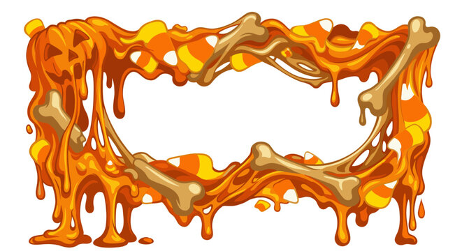 Melting Halloween border of carved pumpkins candy corn and bone shapes flowing into sticky orange drips, forming a spooky frame for party invites haunted flyers and trick or treat graphics