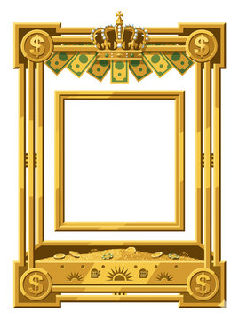 Golden jackpot frame crowned with cash garlands and coin piles around a central display window, created for casino prize announcements winner reveals luxury party backdrops and celebratory promos