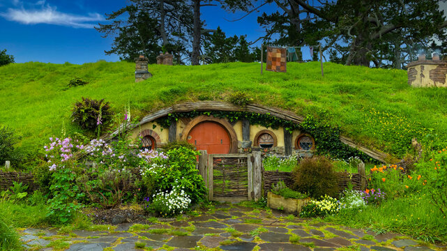 MATAMATA- NEW ZEALAND -NOVEMBER -2- 2022: Hobbiton - movie set created for filming the Lord of the Rings and "Hobbit" movies - Matamata, New Zealand,spring scene