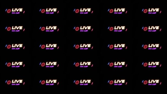 live neon golden and purple light animation on black background ideal for live streaming online, watermark live, live broadcast on air