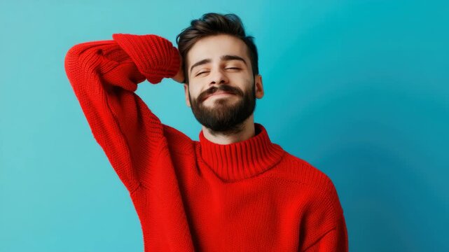 Man smiling at camera, casual style, red sweater over top, blue wall background.