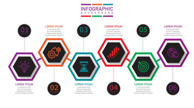 Business infographic template with hexagonal shape vector elements in up-down direction | 6 steps timeline marketing chart with icon | Modern progress diagram vector illustration for organization 