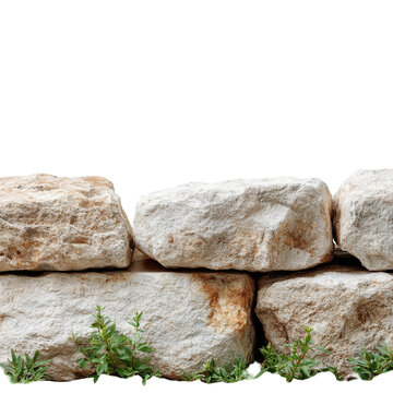 Rustic stone garden border rock wall landscaping isolated transparency background, rough limestone block edging with green plant base
