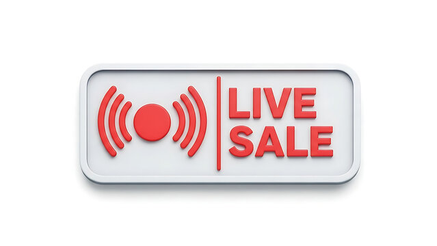 A red live sale sign on a white background with a loudspeaker icon