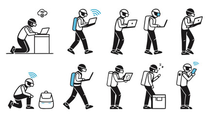 Fototapeta premium Strichmännchen Digital Nomad Set – Stick Figure Remote Work and Technology Vector Icons, business people icon set