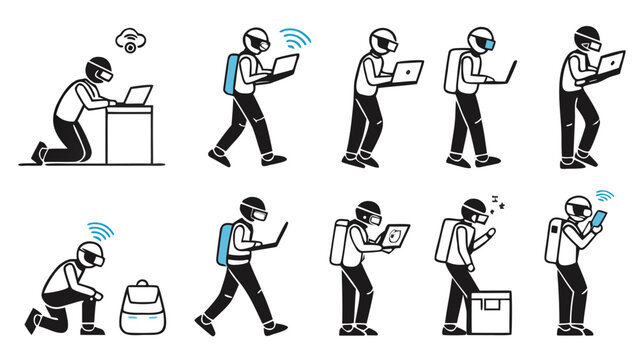 Strichm&auml;nnchen Digital Nomad Set &ndash; Stick Figure Remote Work and Technology Vector Icons, business people icon set