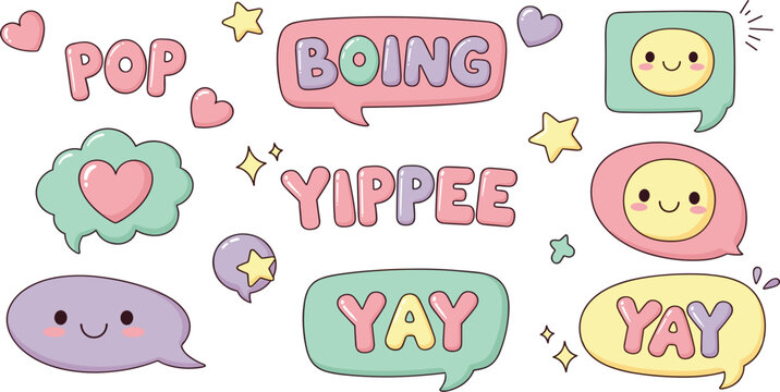 Cute Kawaii Speech Bubble Sticker Set Featuring POP BOING YIPPEE YAY Text with Smiley Faces Hearts and Stars Elements