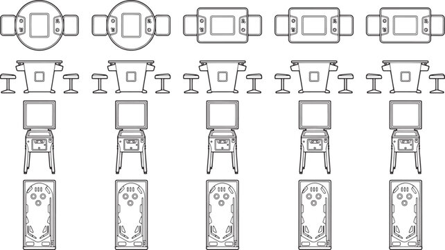 Top-down view of different table and seating arrangements in an interior setting, demonstrating potential layouts for space planning and furniture arrangement.