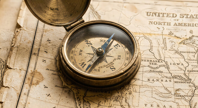 Vintage Brass Compass Resting on an Antique Map of North America