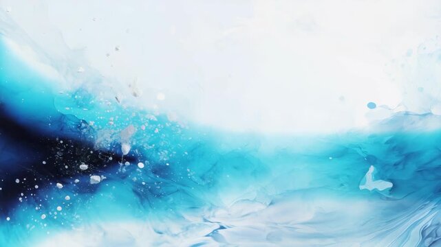 Blue and white watercolor abstract waves with bubbles and splashes.