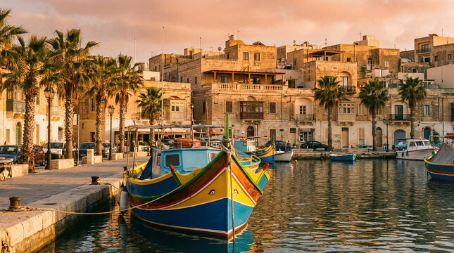 Colorful Maltese Luzzu Fishing Boats Docked in Historic Harbor Under Cloudy Sky