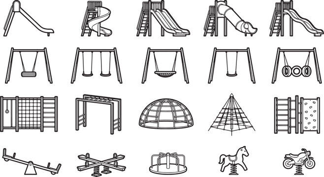 Playground Equipment: A black and white vector illustration of various playground equipment, perfect for educational resources, design projects, and recreational themes.