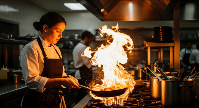 Young woman chef in professional kitchen tossing food in pan with large bright flame during evening shift at luxury restaurant with team in back.