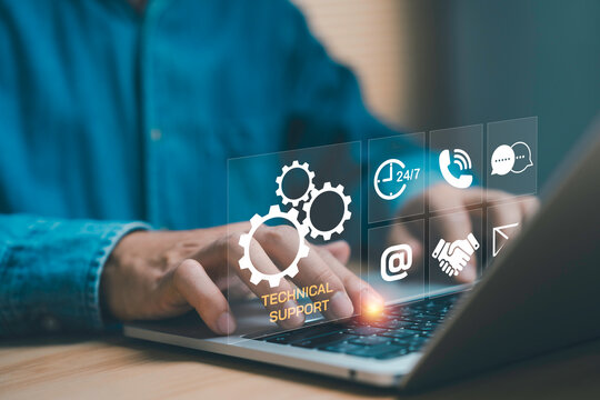 Technical support service concept with laptop and digital interface icons, represent customer service, online helpdesk assistance, communication channels, IT solutions and business support system