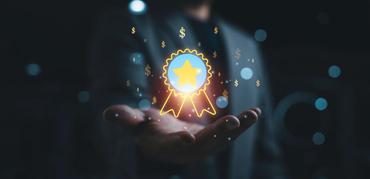 Business success and reward concept with glowing badge and star icon in hand, symbolizing achievement, financial growth, recognition, premium quality, customer trust, and high performance