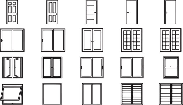 A comprehensive array of architectural doors and windows arranged in an organized display, showcasing a variety of designs and functionality. 