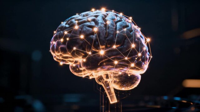 Human brain model with glowing neural network and luminous connection points representing artificial intelligence, cognitive science, and digital brain activity.