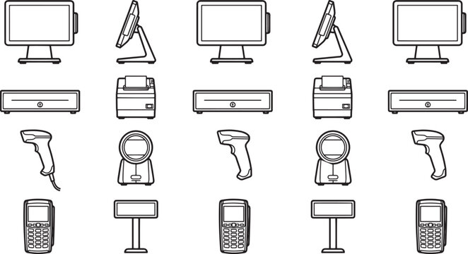 A collection of minimalist illustrations showcases various point-of-sale equipment in a clean, easily-digestible format.