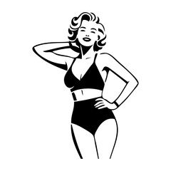 Logotipo con dibujo con líneas de una mujer con bikini y peinado de estilo retro, posando con una mano en la cabeza y la otra en la cadera  © teracreonte