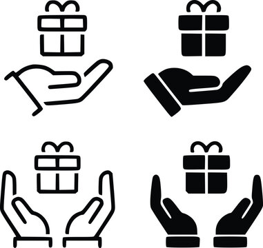 Gift in hand icons set. Hands holding gift box with ribbon icon. Surprise icon. New year, birthday and Christmas. Gift box with ribbon flat and line style - stock vector.